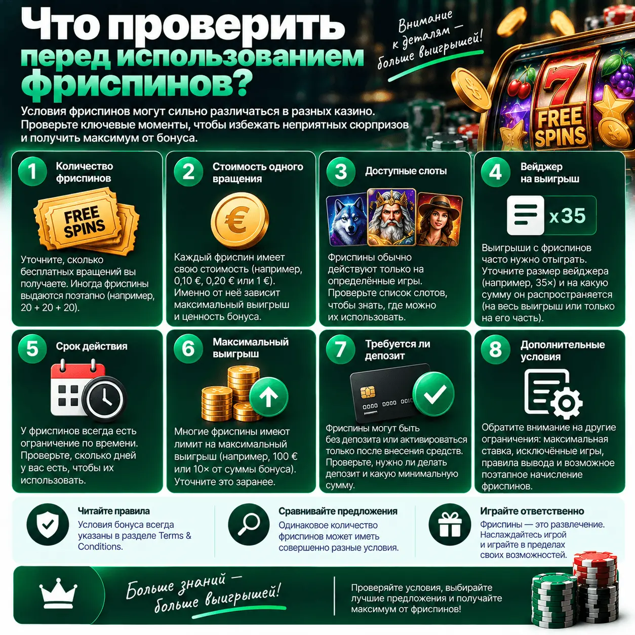 Что проверить перед использованием фриспинов?